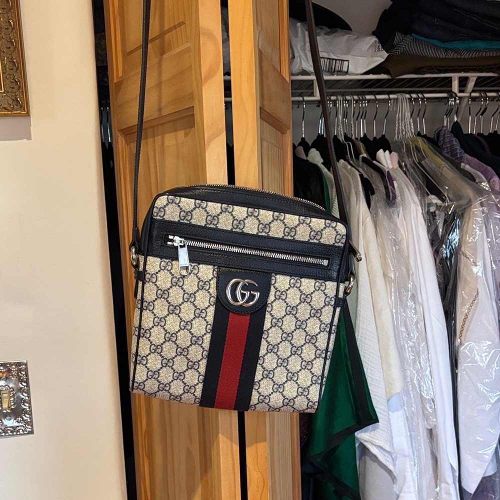 Gucci Beige and Navy  Messenger Bag with Red Stripe